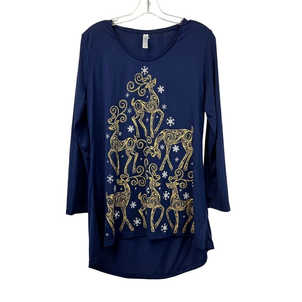 M&C Women’s Long Sleeve Scoop Neck Reindeer Top Navy/Metallic Size Large